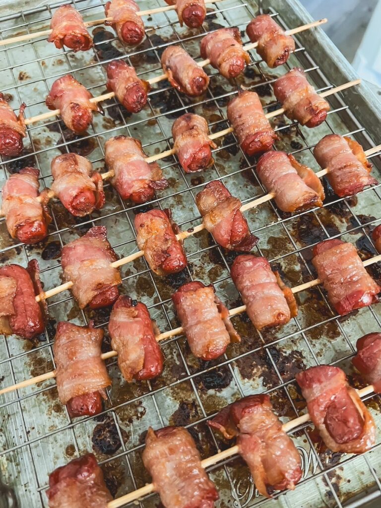 cooked brown sugar smokies on baking tray