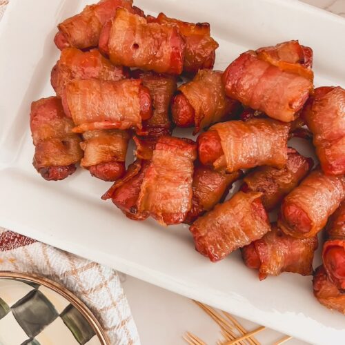 brown sugar smokies close up on a white platter