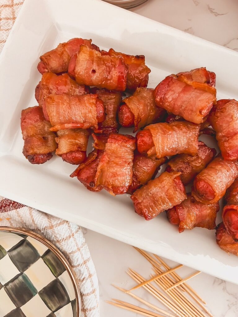 brown sugar smokies close up on a white platter