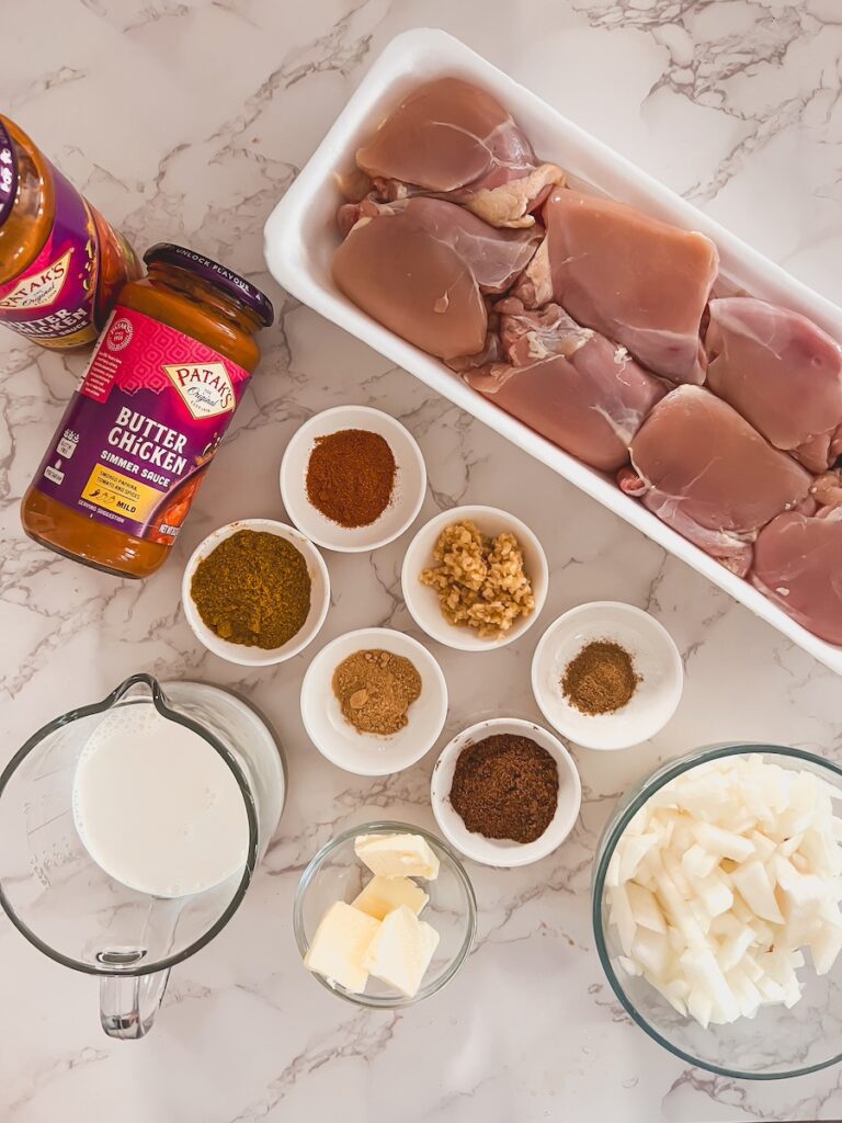 flatlay of ingredients for slow cooker butter chicken