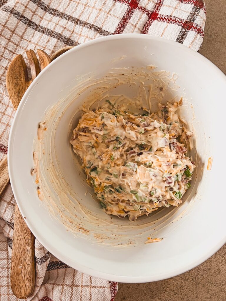 neiman marcus dip mixed together in a white bowl