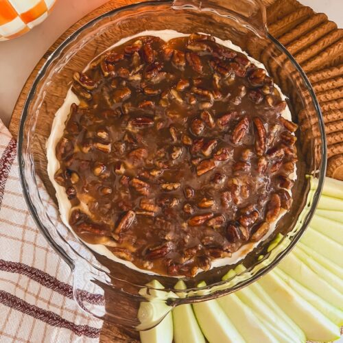 flatlay of pecan pie dip served along side green apples and biscoff cookies