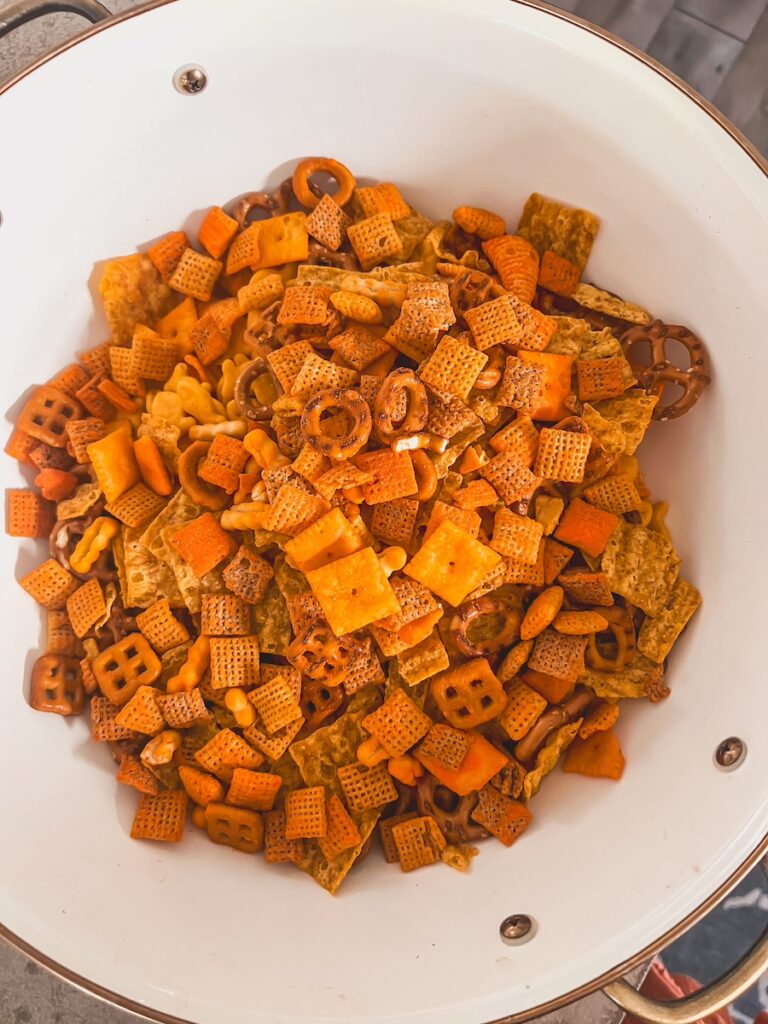 million dollar snack mix in bowl before sesoning