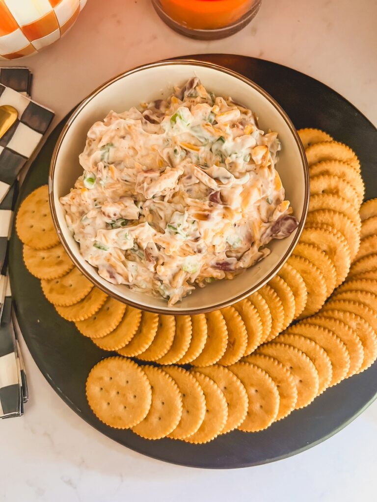 neiman. marcus dip in a serving bowl with crackers