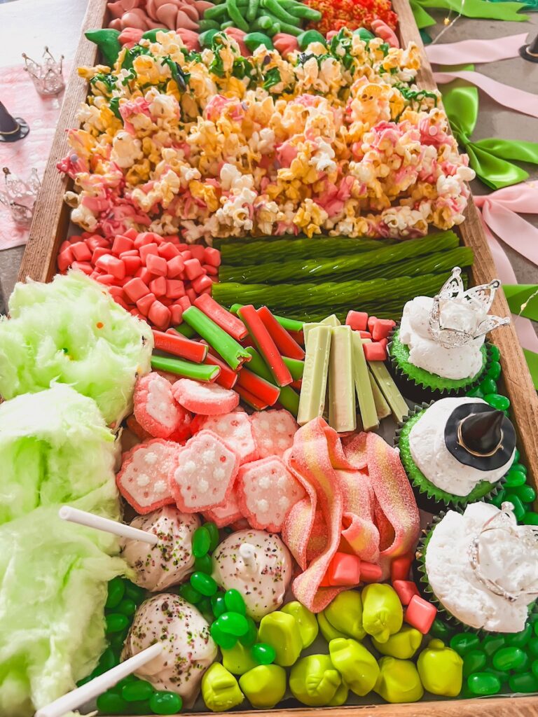 candy and popcorn in pink and green for wicked