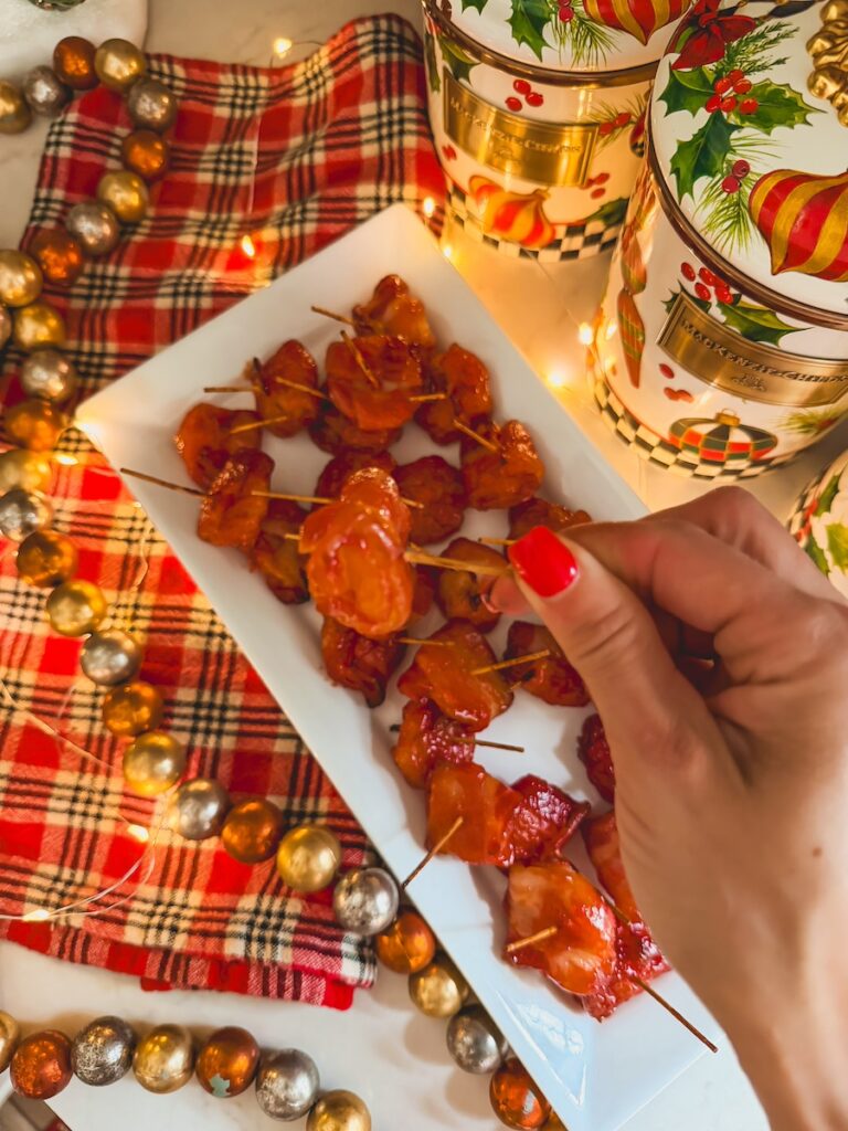 bacon wrapped chestnut on a toothpick