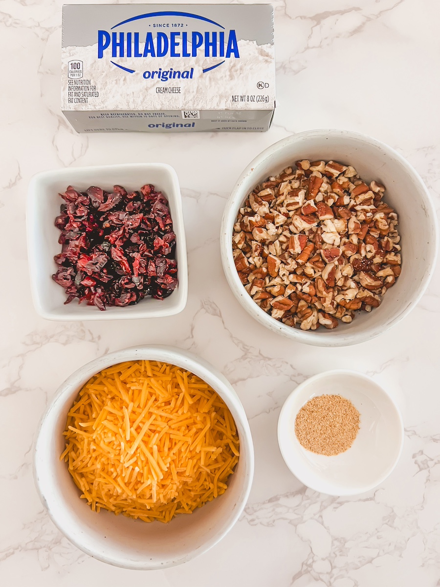 ingredients for mini pecan and cranberry cheeseballs