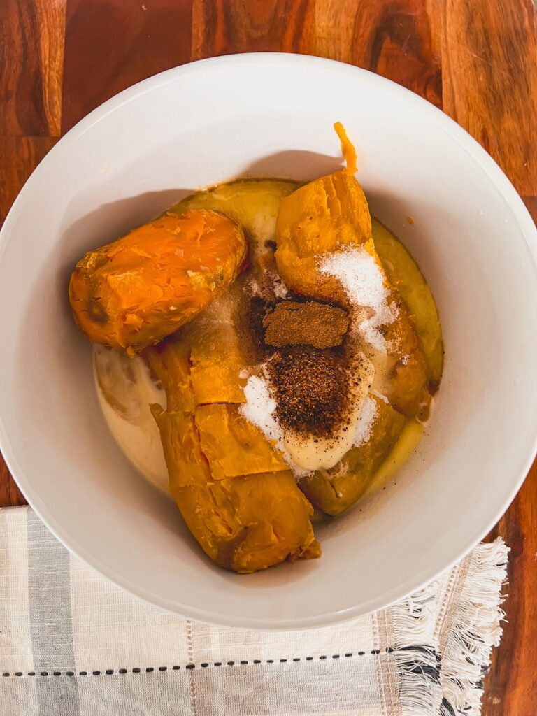 sweet potato filling in mixing bowl