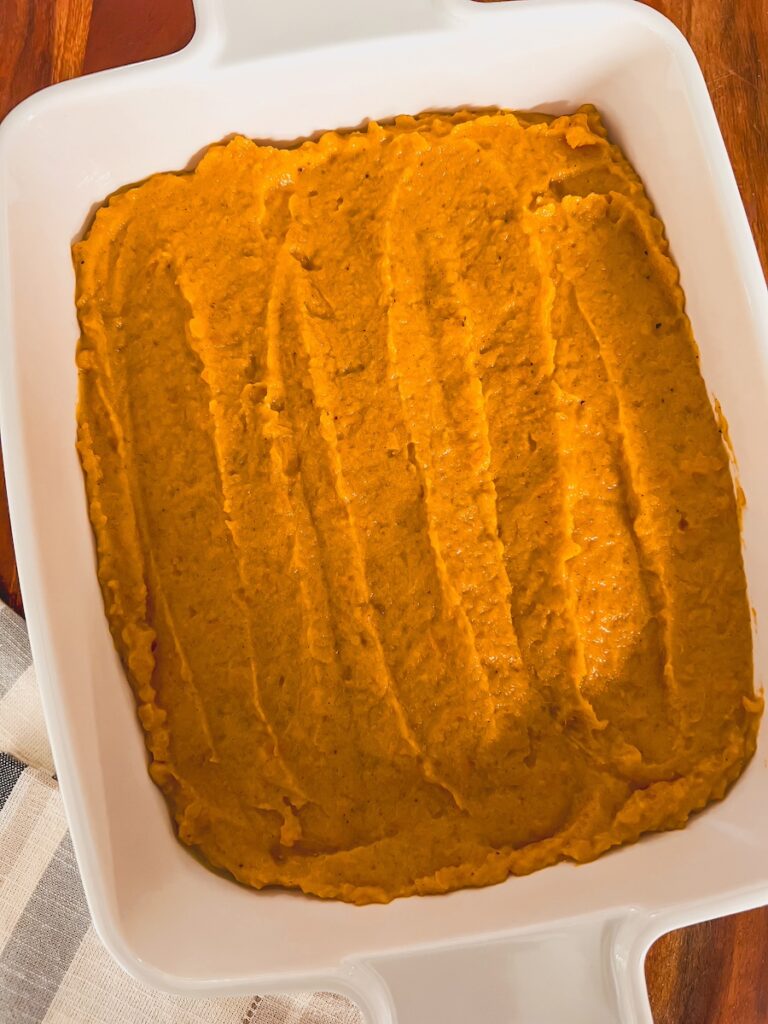 sweet potato filling in white baking dish
