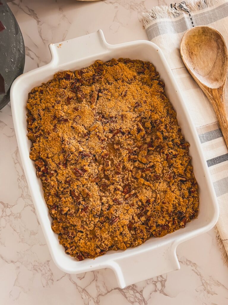 sweet potato casserole with pecan crumb topping and no marshmallows