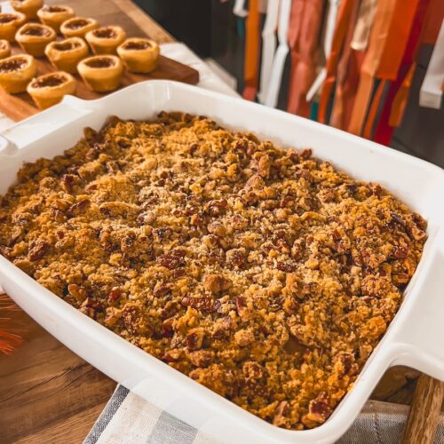 sweet potato casserole on thanksgiving table