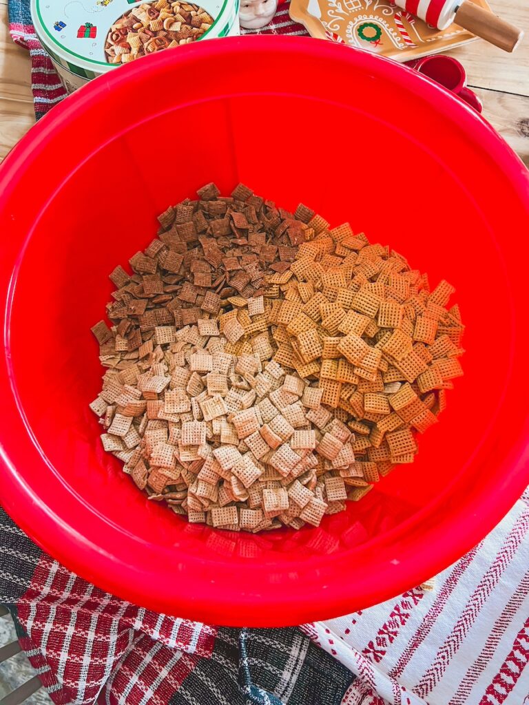 chex cereal in red bowl