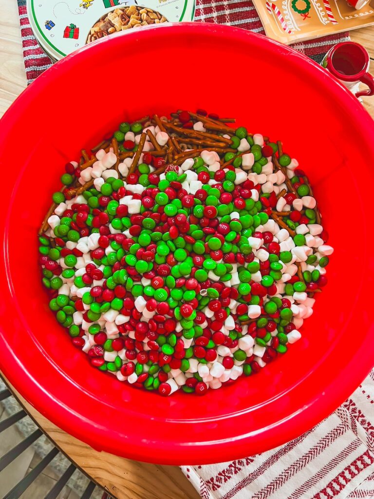 chex cereal plus m&m in red bowl