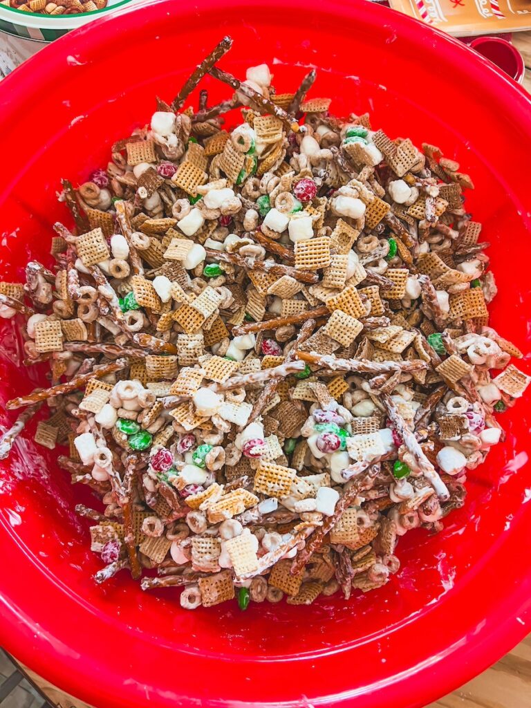 christmas crack chex mix in red bowl