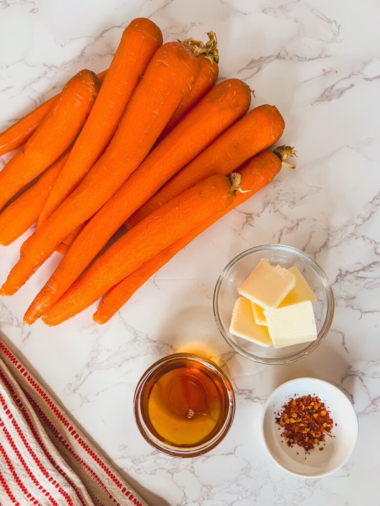 Ingredients for maple roasted carrots. 