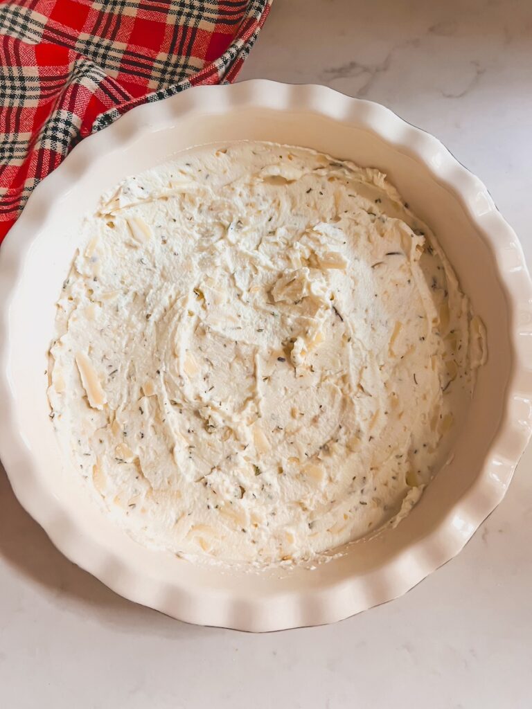 ricotta mixture in a white pie dish