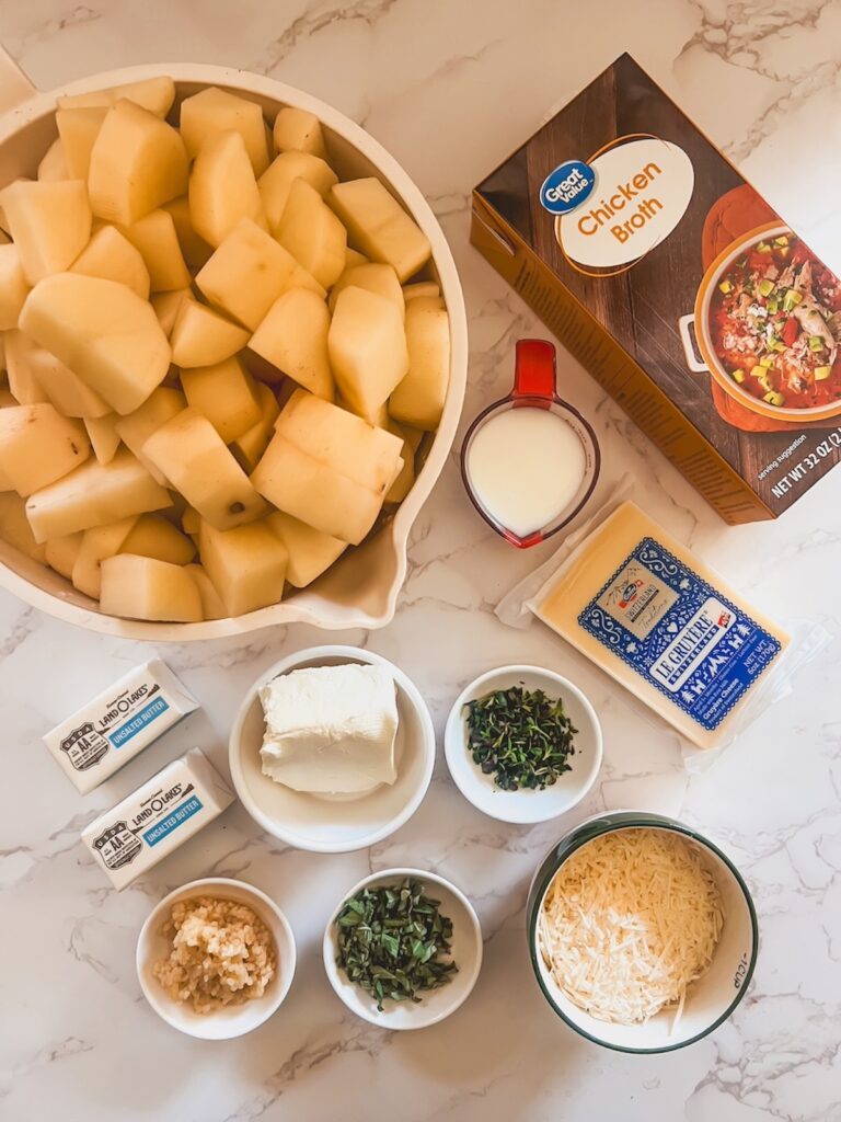 Ingredients for cheesy garlic mashed potatoes. 