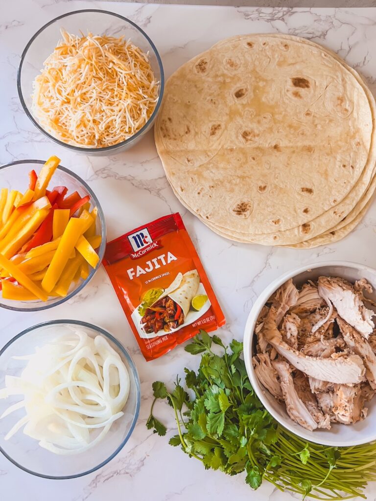 Ingredients for chicken fajita quesadillas.