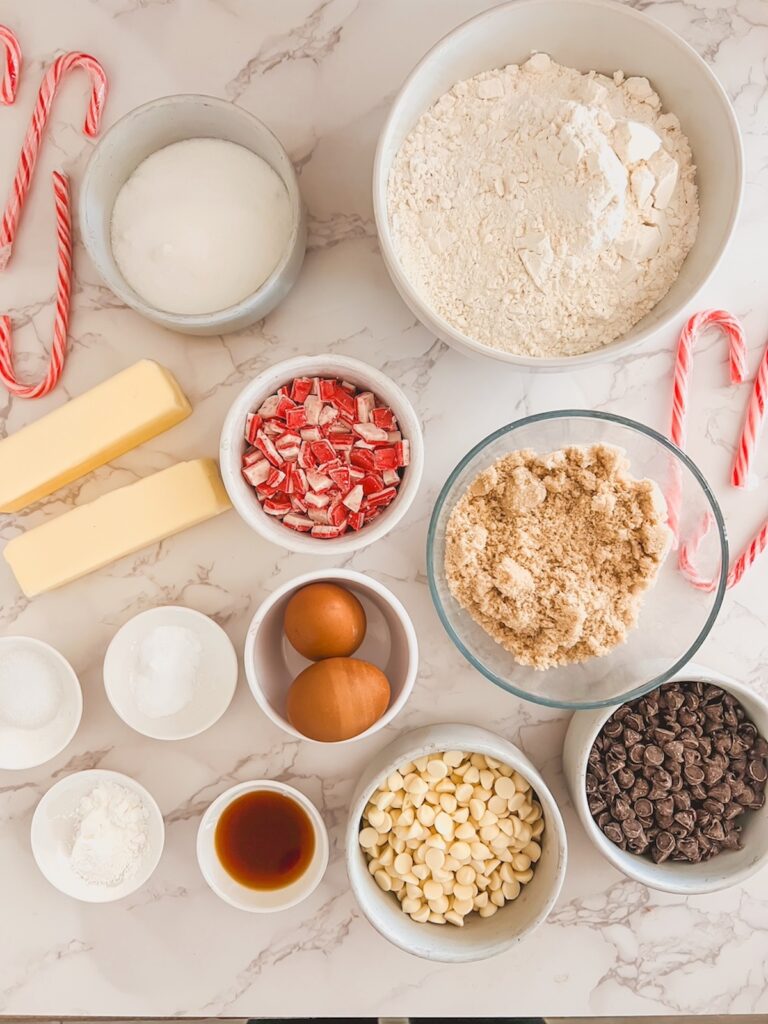 Ingredients for peppermint chocolate chip cookies. 