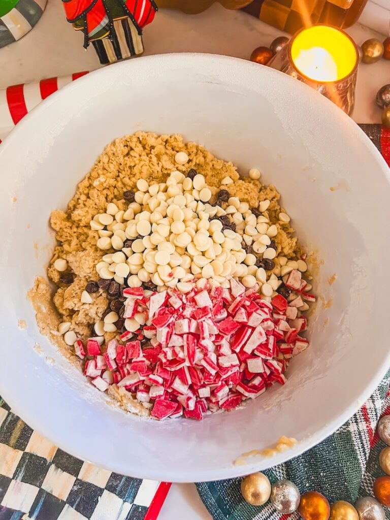 White chocolate chips and peppermint added to the cookie dough. 