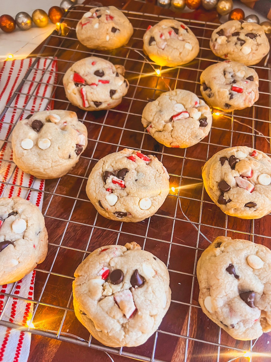 peppermint chocolate chip cookies on a wire rack