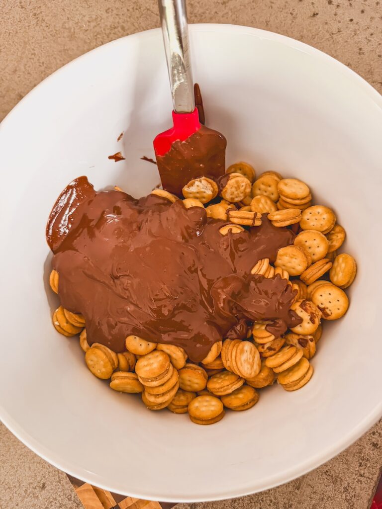 ritz bits cookies with melted chocolate mixture