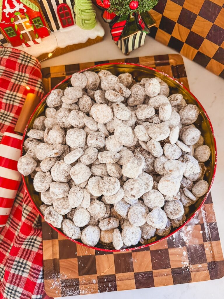 ritz bitz puppy chow in a red cookie tin