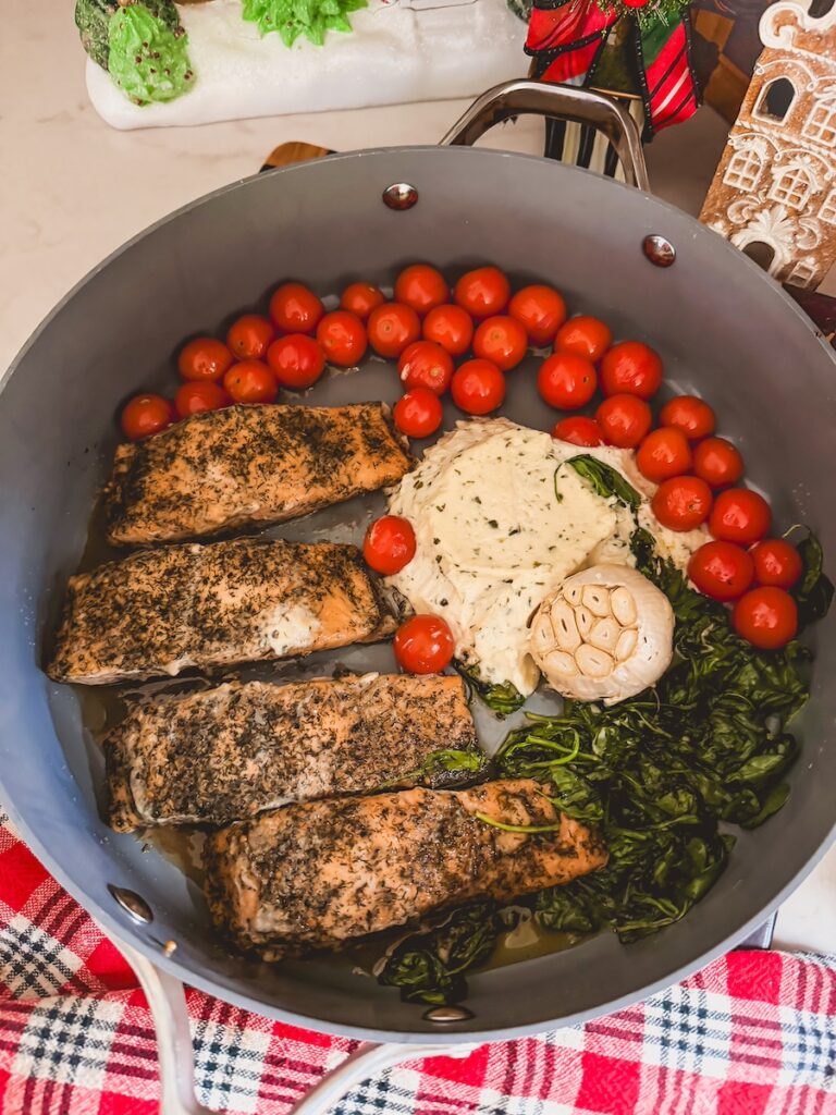 baked salmon pasta out of the oven with everything cooked