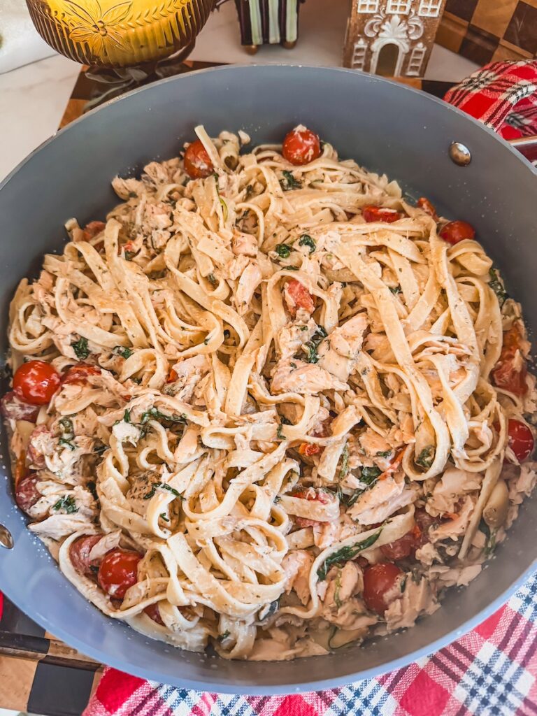 baked salmon pasta in a baking dish