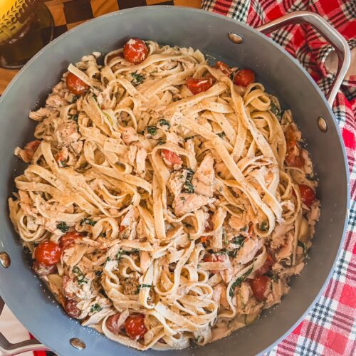 baked salmon pasta in a baking pan