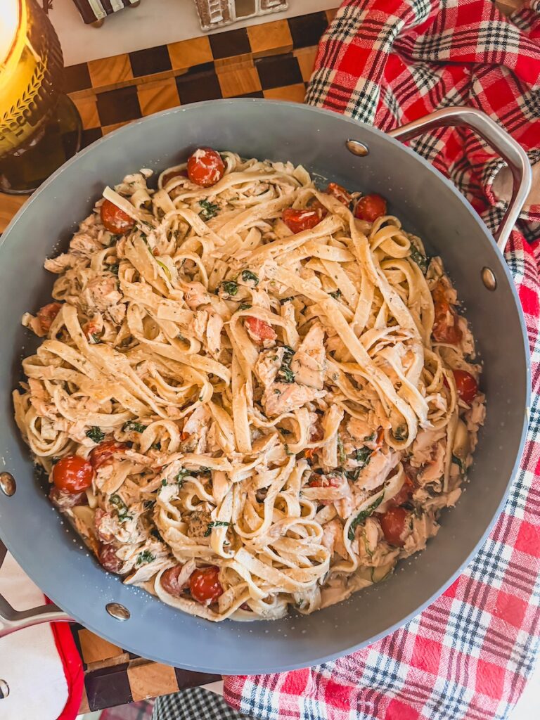baked salmon pasta in a baking pan 