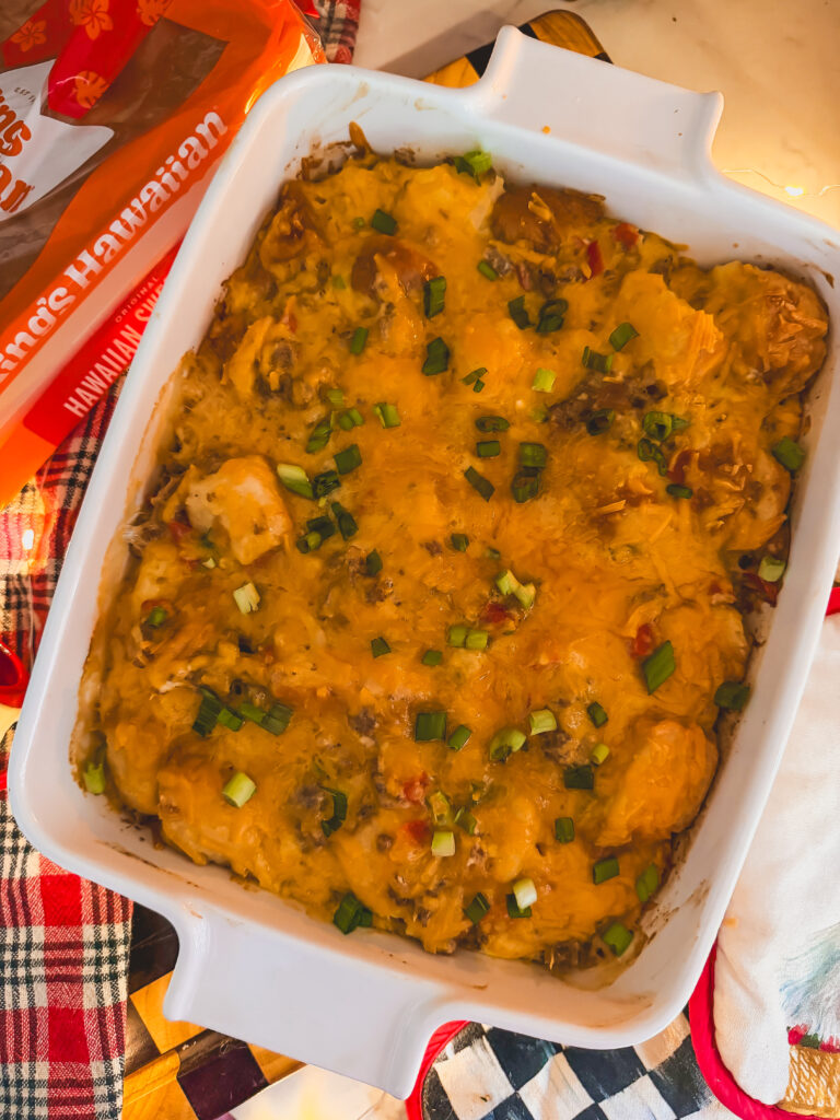 kings hawaiian sausage and egg casserole in white baking dish