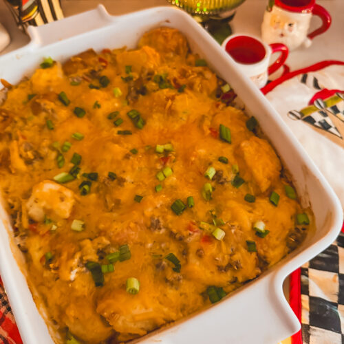 baked kings hawaiian breakfast casserole in a white baking dish for christmas morning