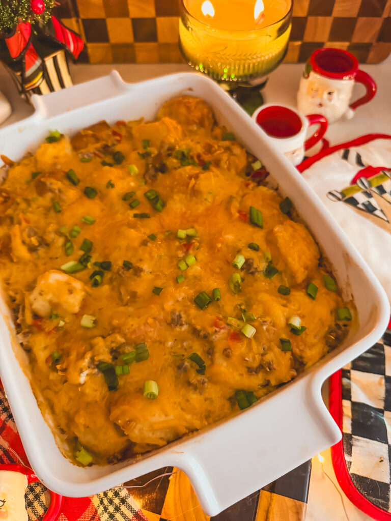 baked kings hawaiian breakfast casserole in a white baking dish.
