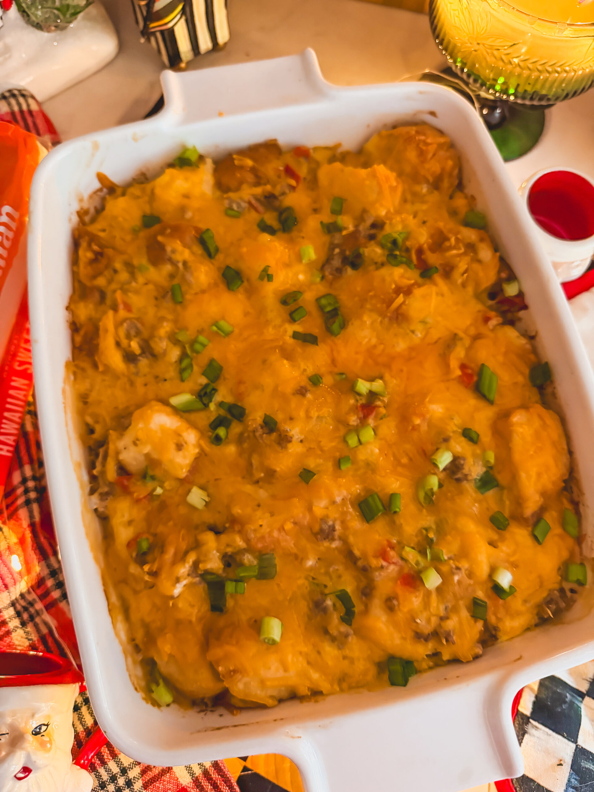 kings hawaiian breakfast sausage and egg casserole in a white baking dish