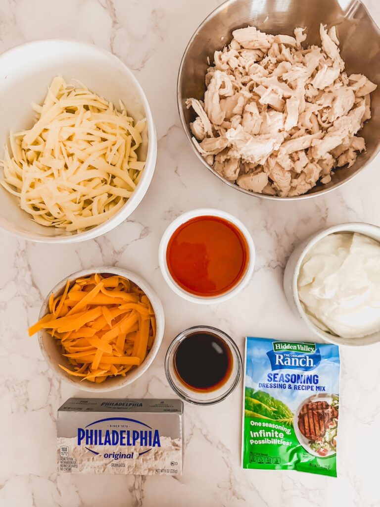 Ingredients for greek yogurt buffalo chicken dip.