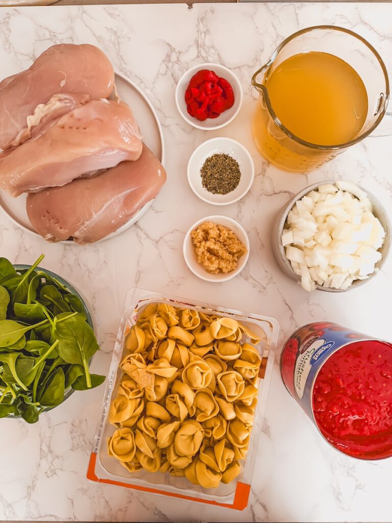 Ingredients for slow cooker chicken tortellini soup.