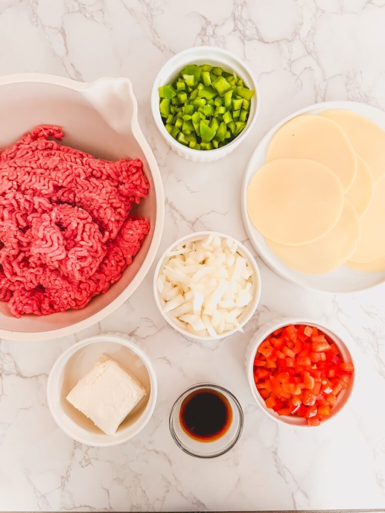 Ingredients for philly cheesesteak casserole.