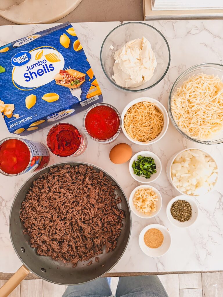 Ingredients for beef and ricotta stuffed shells.