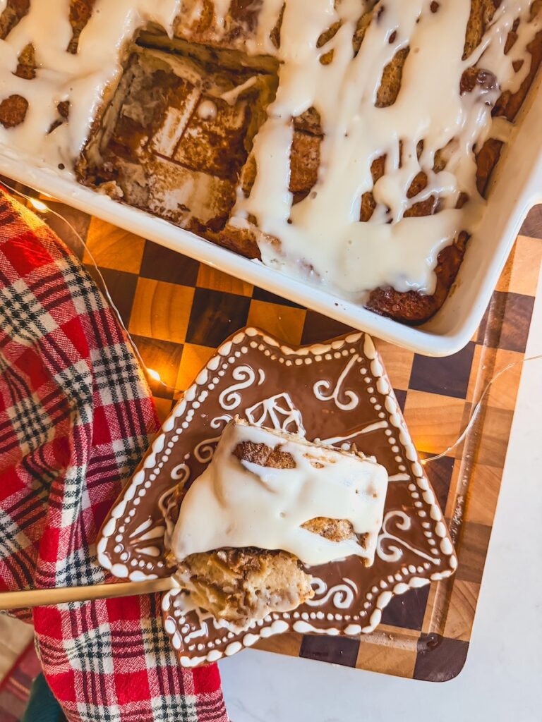overhead shot of the bread pudding slice 
