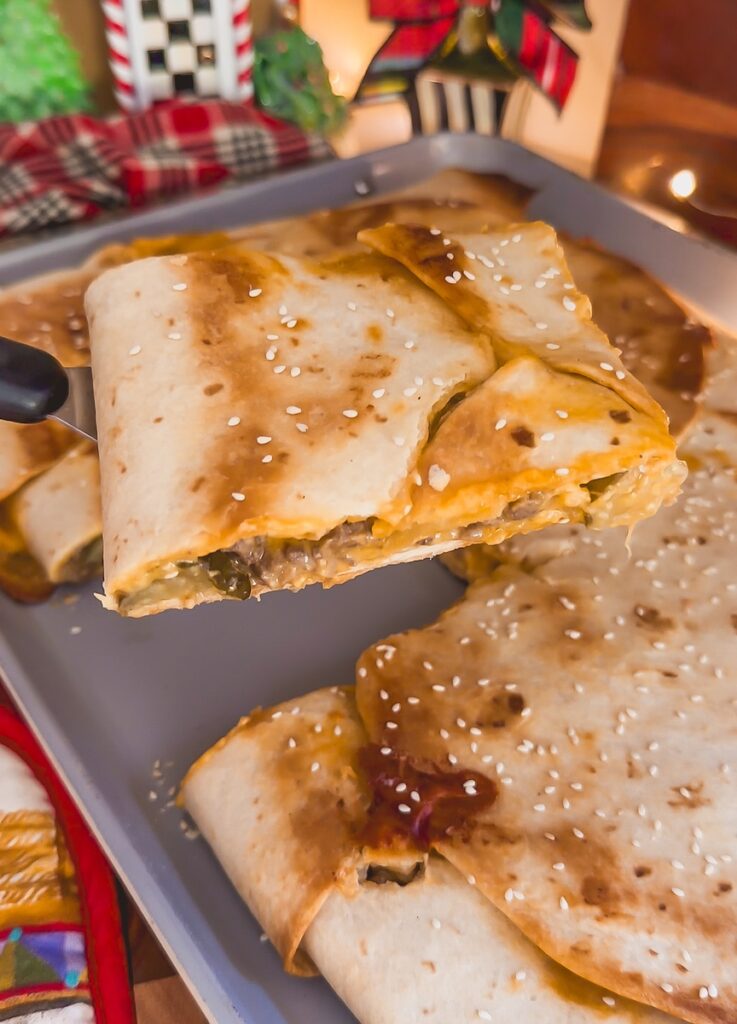 cheesburger quesadilla on a sheet pan