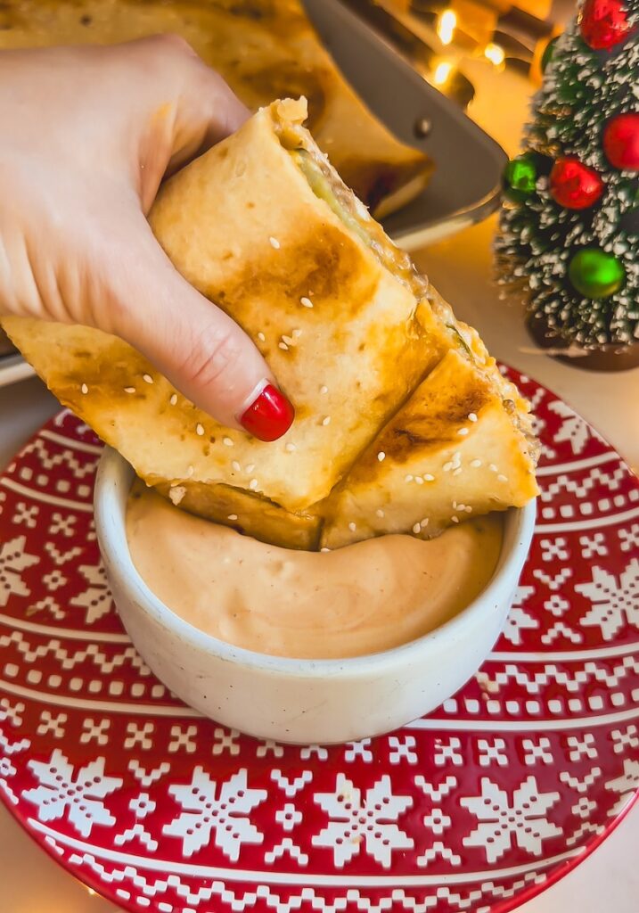 cheesburger quesadilla dipped in big mac sauce