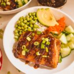 close up of teriyaki salmon bowl