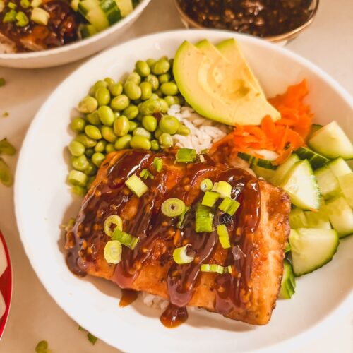 close up of teriyaki salmon bowl