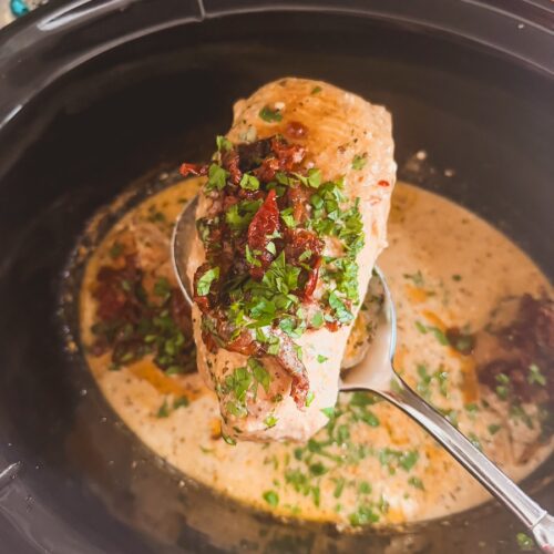marry me chicken on a spoon out of the slow cooker