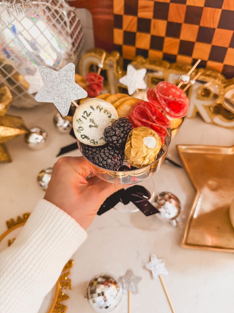 new years eve charcuterie cups in plastic coupe glass