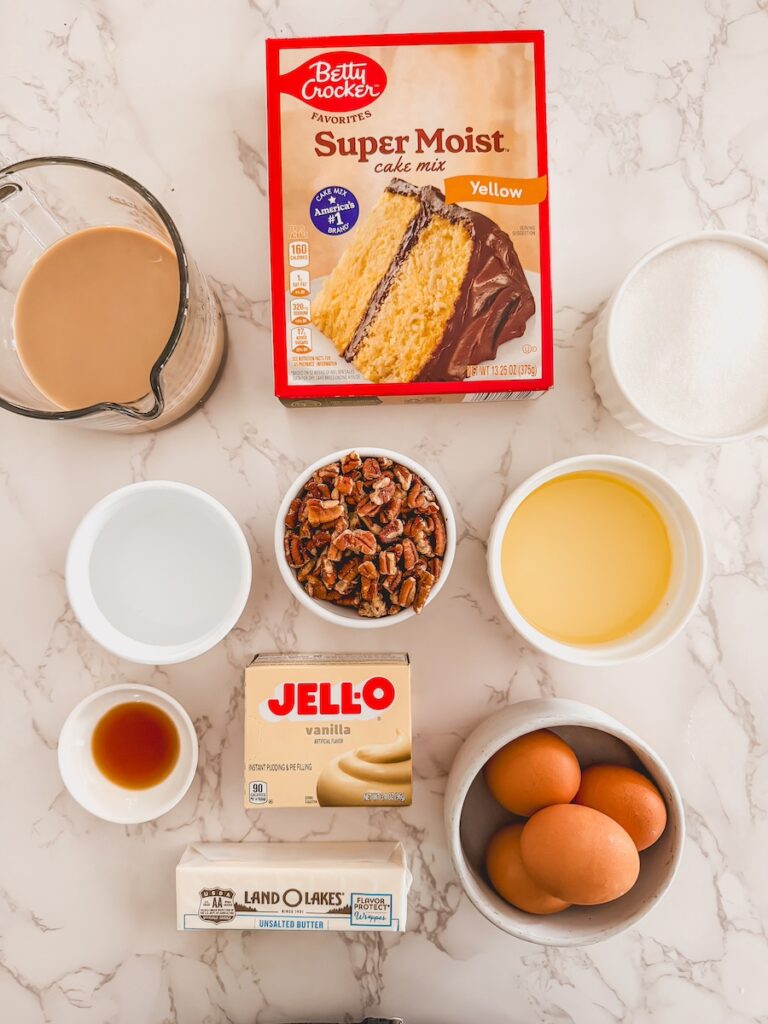Ingredients for Baileys Irish Cream Bundt Cake.