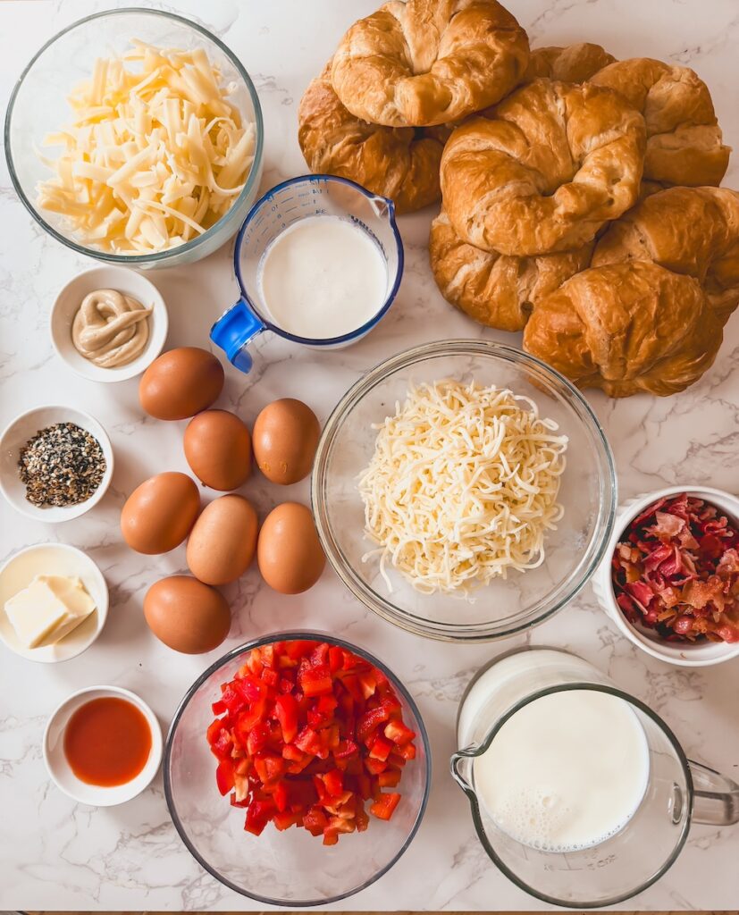 Ingredients for croissant breakfast casserole.