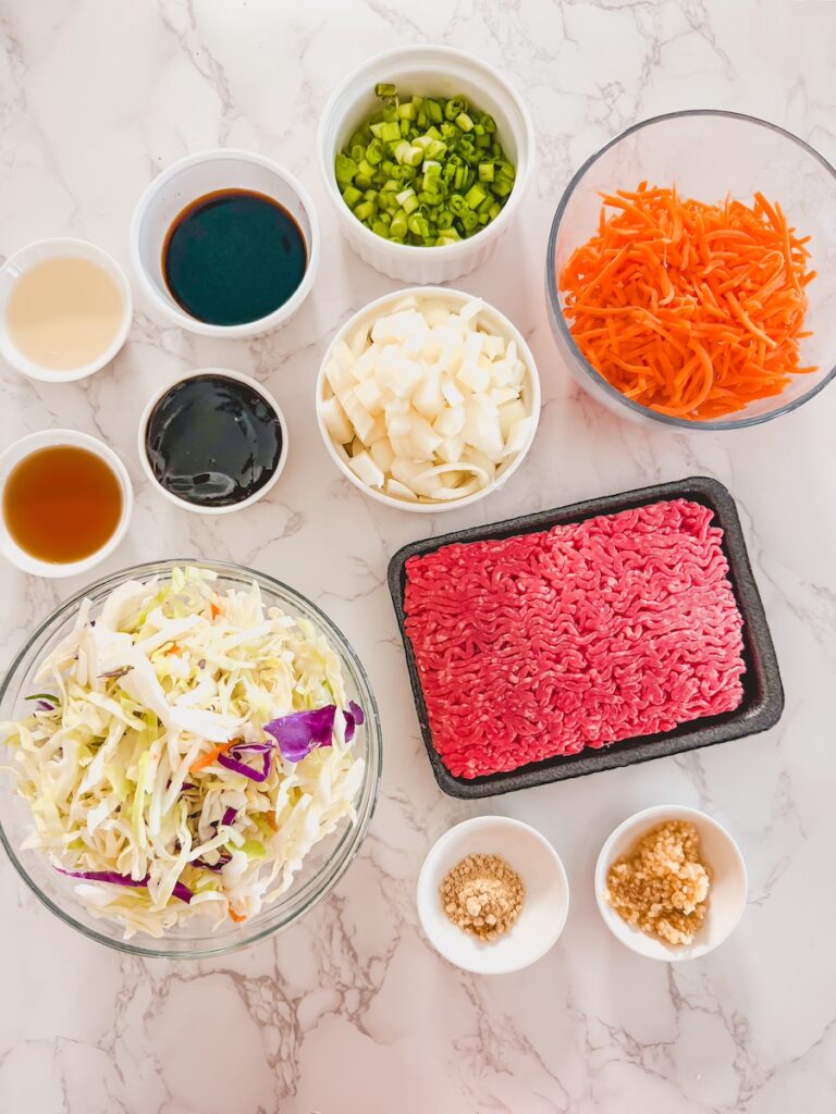 flatlay of ingredients for egg roll in a bowl
