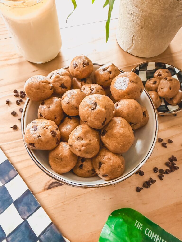 edible no bake cookie dough balls in a bowl